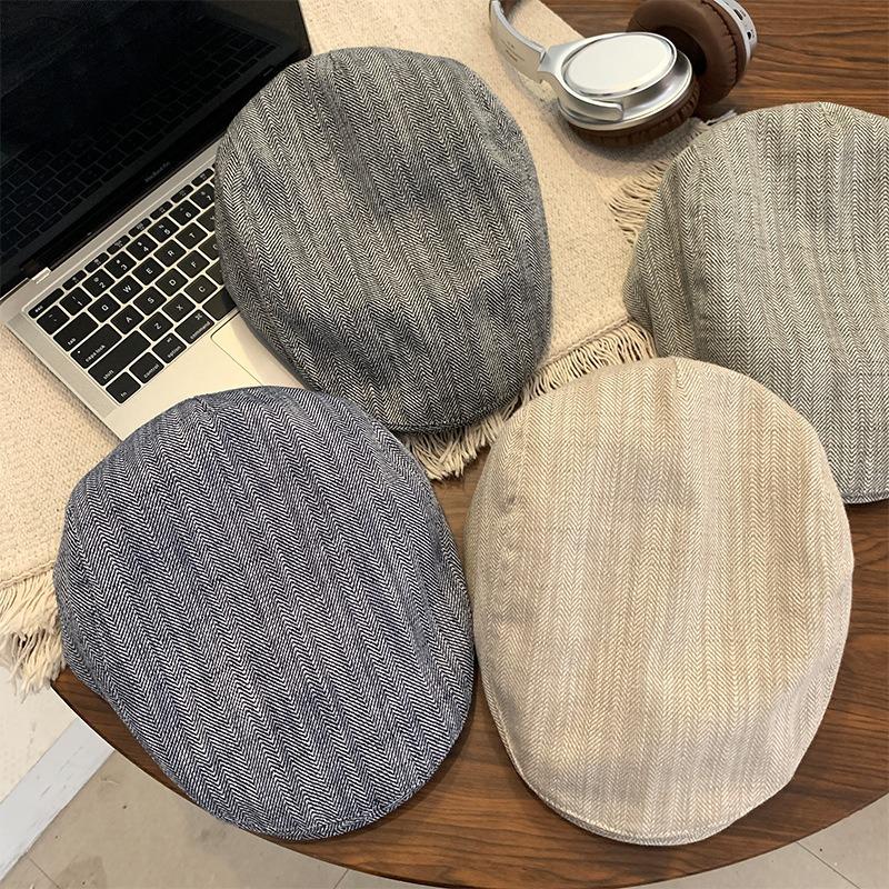 Retro striped cowboy forward hat women's literary big head circumference beret showing face little painter cap