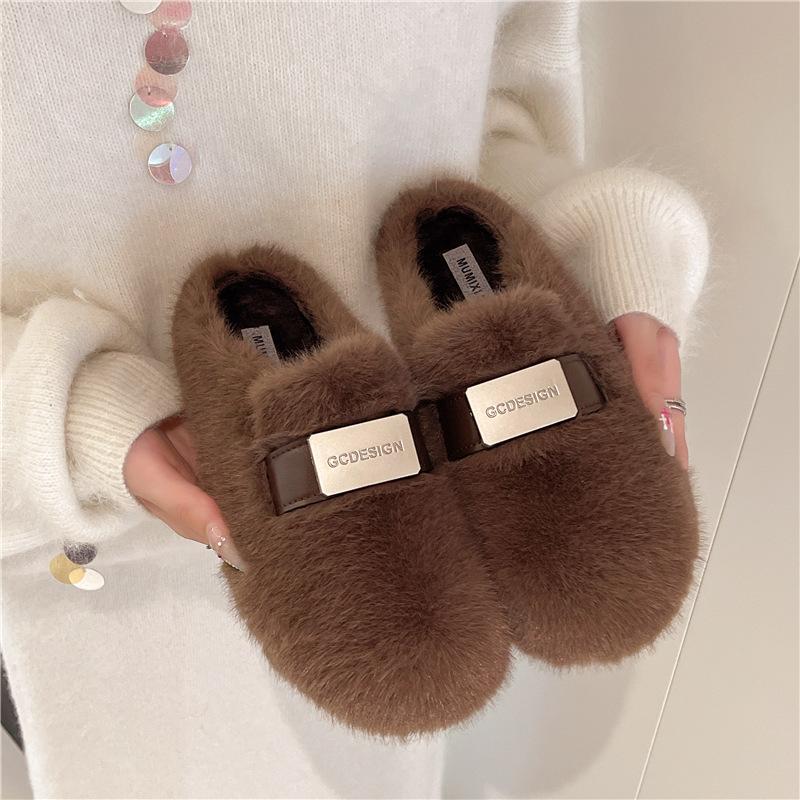 Baotou fluffy slippers women's outer wear 2025 new autumn and winter versatile flat bottom non-slip skirt velvet warm cotton mop