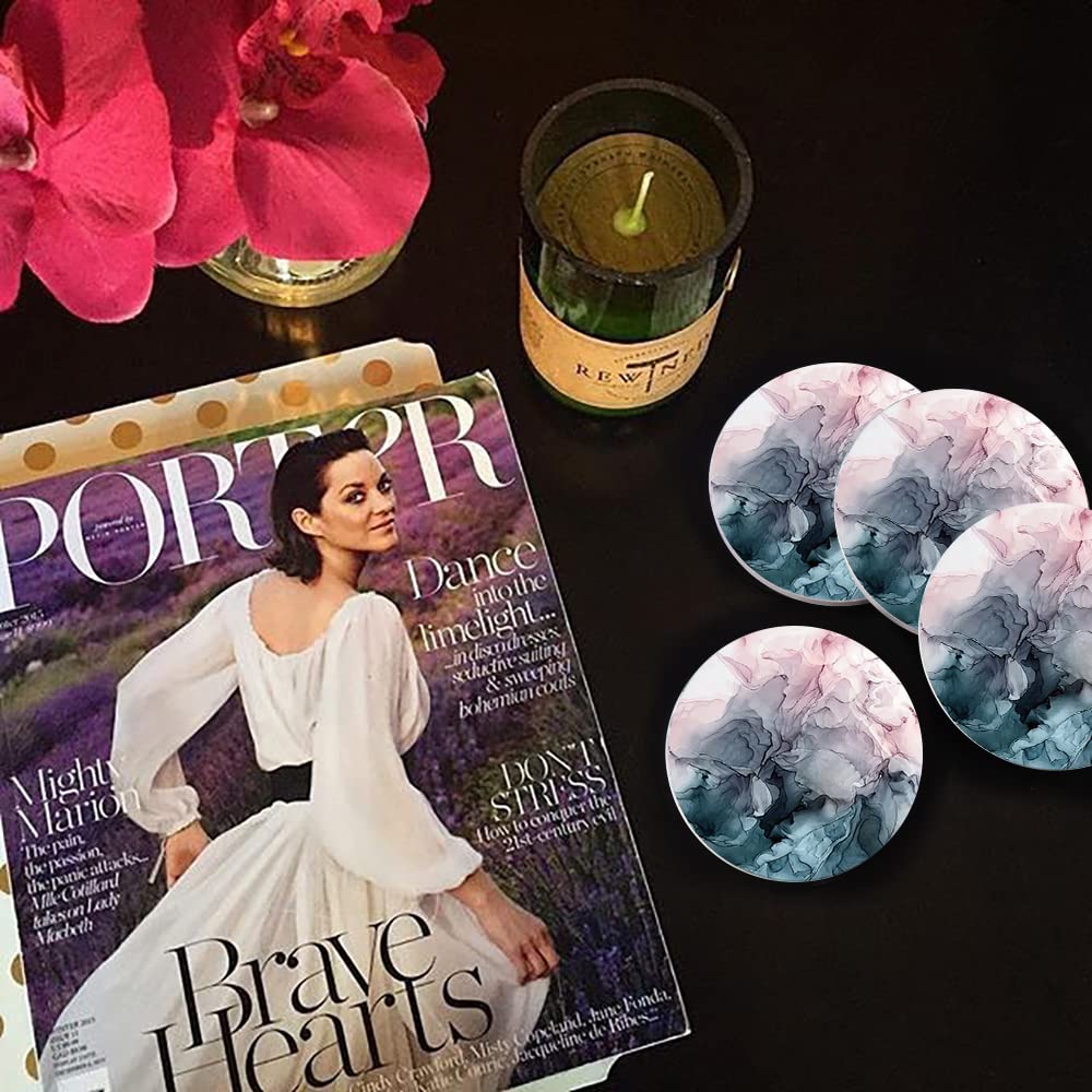 HAOCOO Stilvolle Keramik-Untersetzer mit Marmormuster und Korkrückseite, Rund, 4er-Set, für Tassen und Teetassen, Isolierend, Besser als Kieselgur