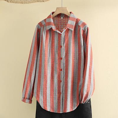 Spring Striped Cotton and Linen Long-sleeved Shirt Mother Fashion Simple Lapel Shirt Top