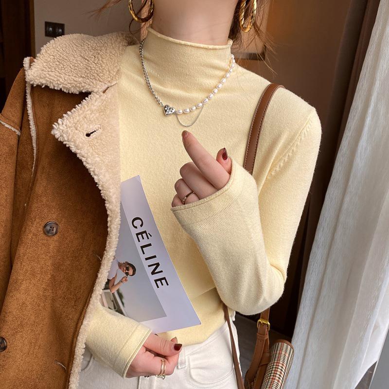 Ladies autumn winter Long Sleeve stand Collar slim fit Basic Solid Color Pullover T Shirt Top for Layering