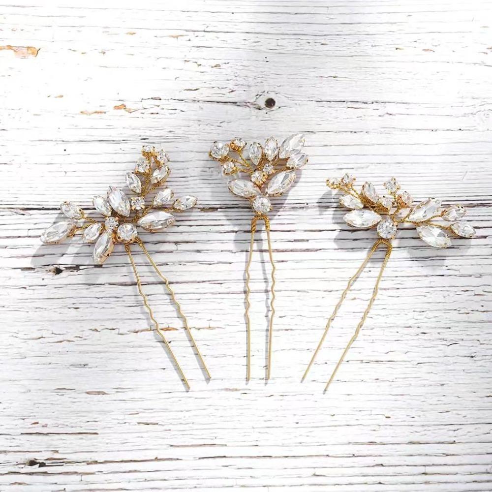 

3pcs Handmade Rhinestone Hairpin Sparkling Women Tiara Stylish Bride Hair Accessories Girl золотий