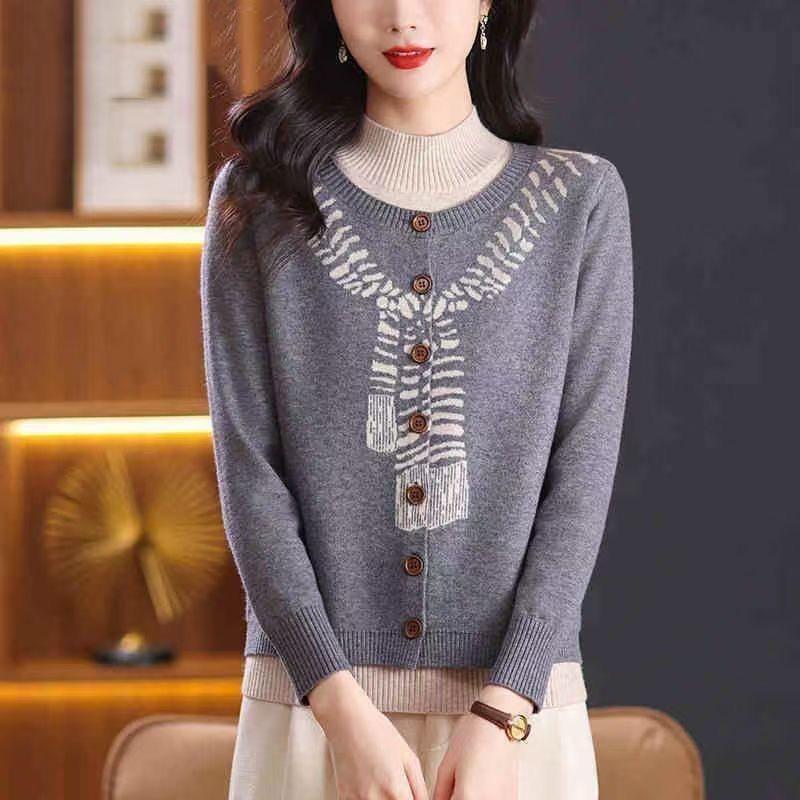 Fake Two-piece Knitted Cardigan Fashionable Autumn Winter Mother's Fashion Base Pullover New Loose Sweater Top