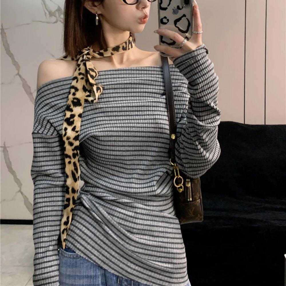 American Style Stripe Off Shoulder Long Sleeve Tshirt Slim Fit Waist Design Top