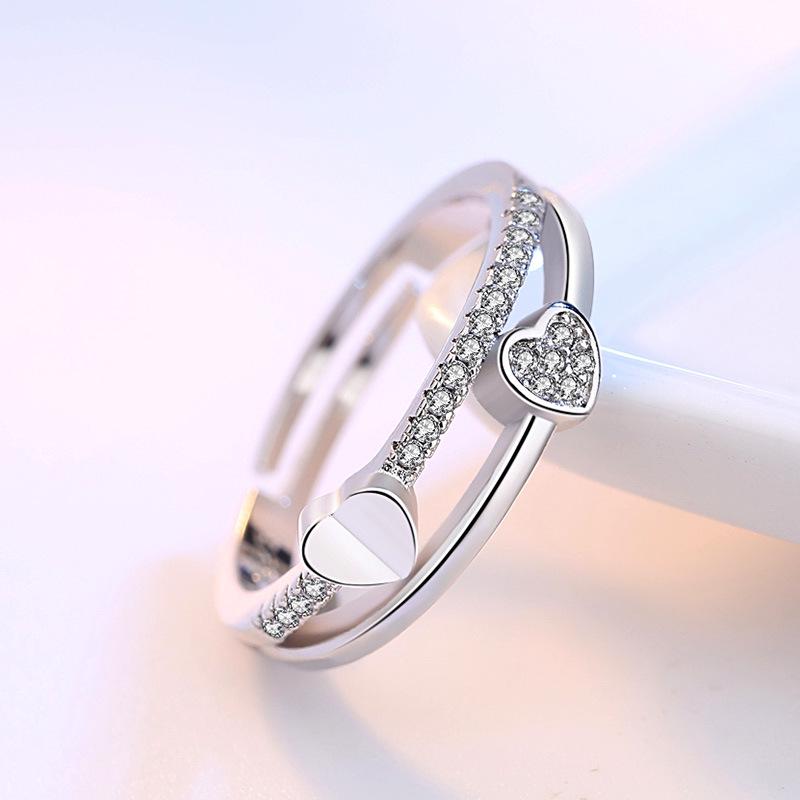 Fashion Ladies Crystal Love Heart Adjustable Open Rings Jewelry