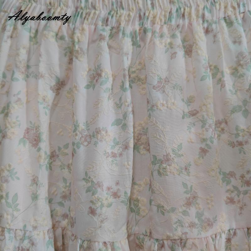 Japanese Mori Girl Spring Summer Women Pink Skirt Elastic Waist Floral Embroidery Sweet Skirt Vintage Delicate Cotton Skirts Womens