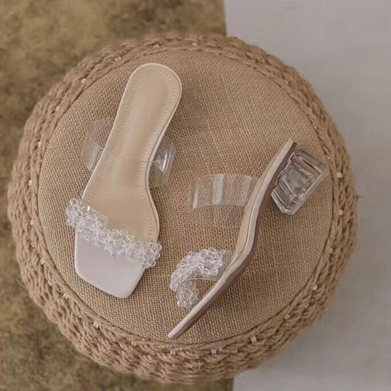 Slides Rhenstone Summer Crystals Sandals High Up To 5cm Heel Shoes for Women 2025 Off White Woman Slippers Clear Jewels Designer