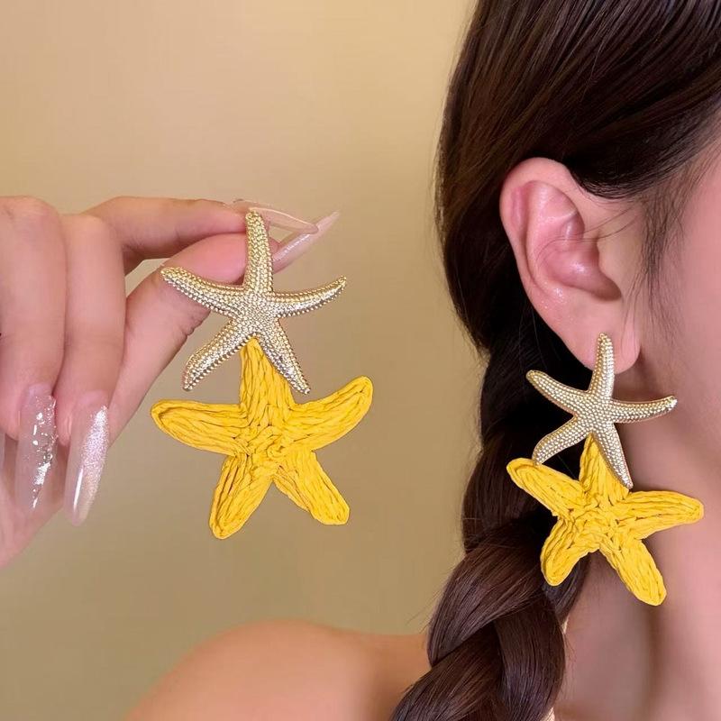 Blue Straw Woven Earrings for Women, Beach Vacation Bohemian Statement Ear Jewelry