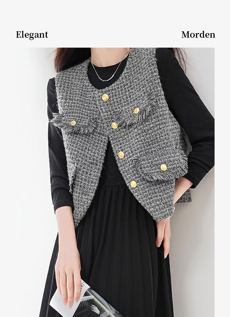 Two Piece Set: Small Fragrant Style Vest Jacket and Long-Sleeved Pleated Dress