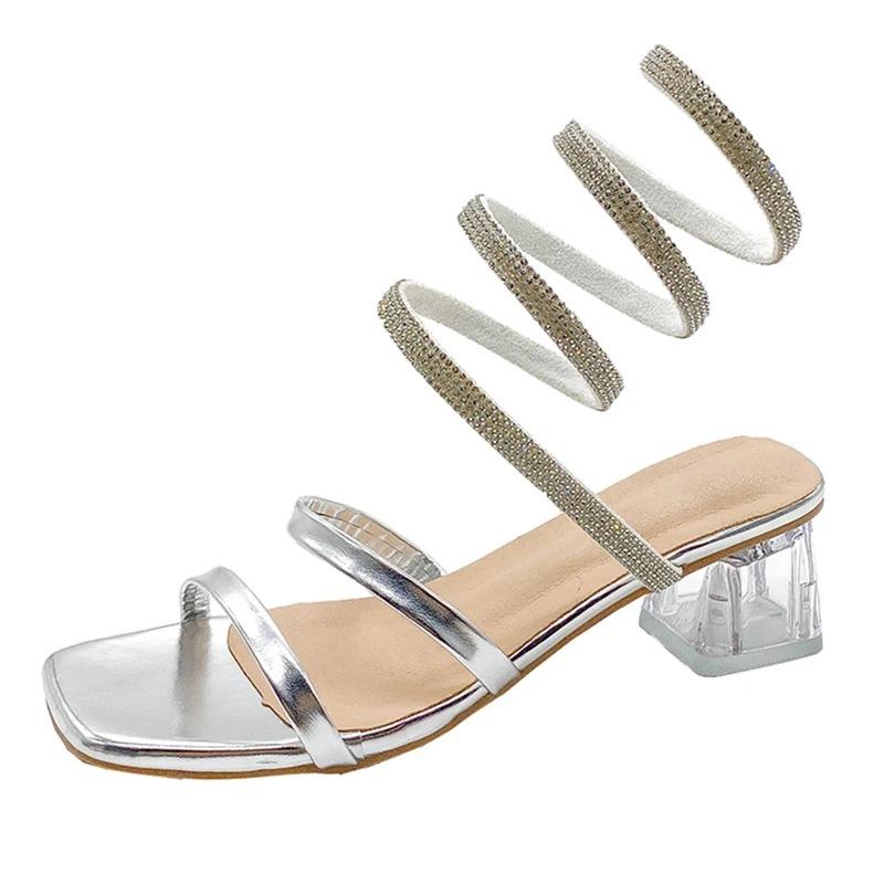 

Модные женские босоножки на среднем каблуке со змеиным принтом 2024 года, летние серебристые гладиаторские туфли с ремешком на щиколотке и кристаллами, женские босоножки с квадратным носком и прозрачным каблуком 40