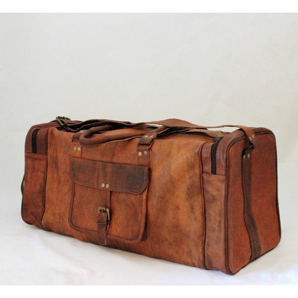 Herr Brun Vintage Äkta Resebagage Duffle Gym Väskor Tote Get Läder Nytt