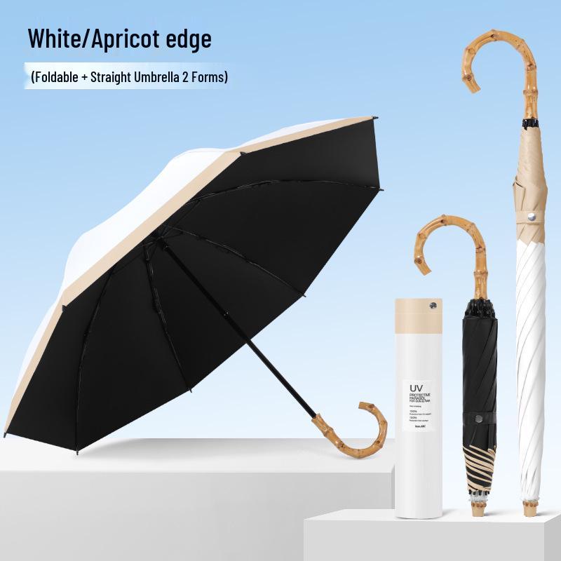 Bamboo Handle Two-Fold Umbrella - Lightweight Black UV Protection and Sunscreen Parasol