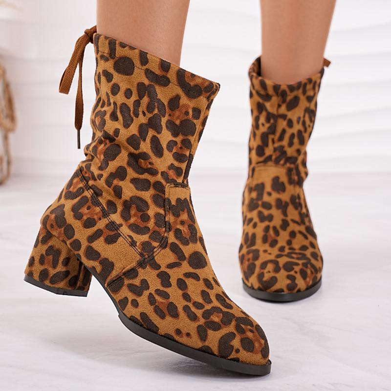 Fashion Fashion Short-thigh Boots Autumn New Pointed Toe Leopard Print Suede Soft Sole Non-slip Wear-resistant Block Heel Single Shoes