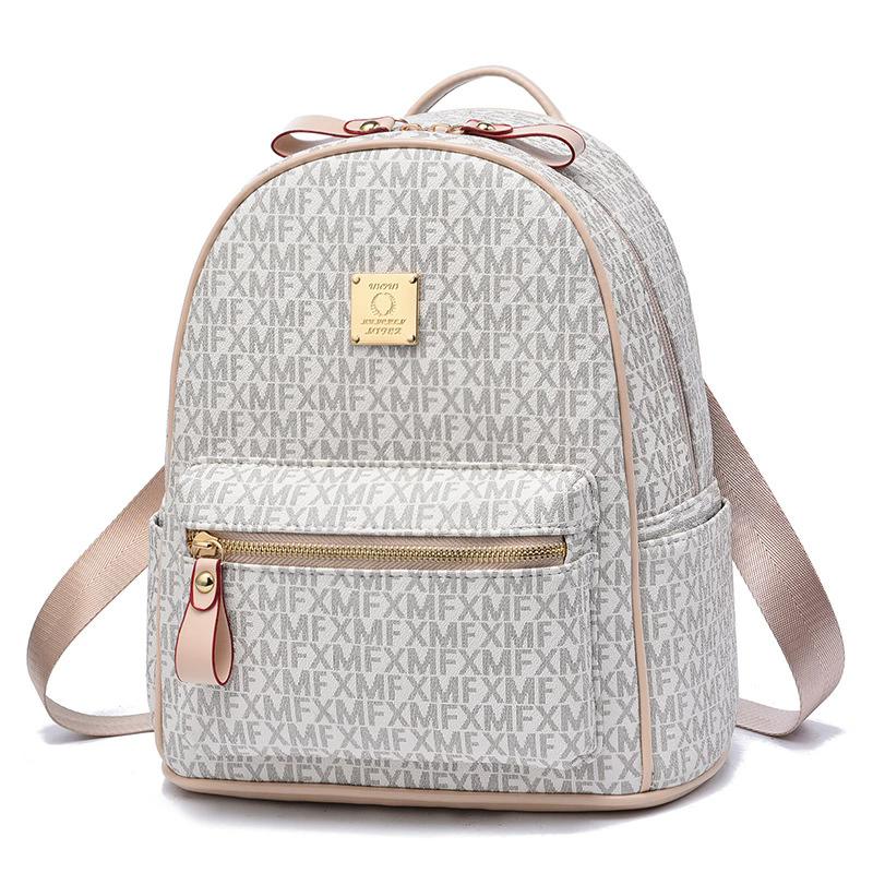 Letter Graphic Zipper Backpack Women s Waterproof Book Bag Casual PU Leather Daypack бежевый
