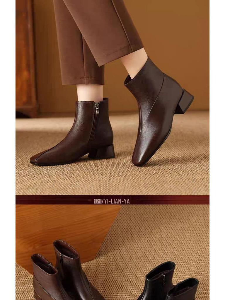 2025 Women's Soft Leather Mid-Heel Square Toe Boots with Velvet Lining for Autumn and Winter