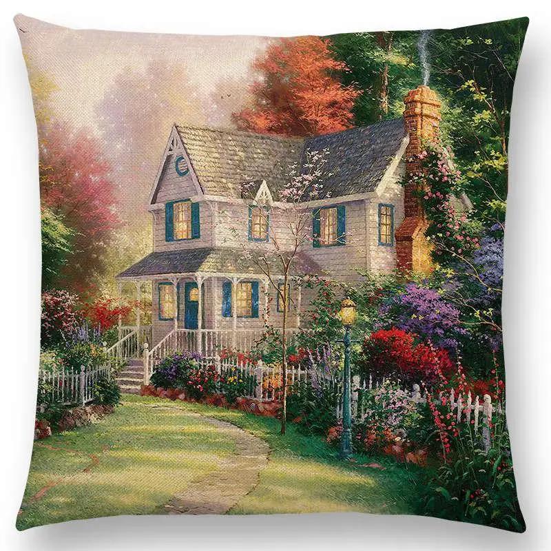 Newest American Countryside Oil Painting Cushion Cover Beautiful Scenery The Castle Lighthouse Sofa Throw Pillowcase