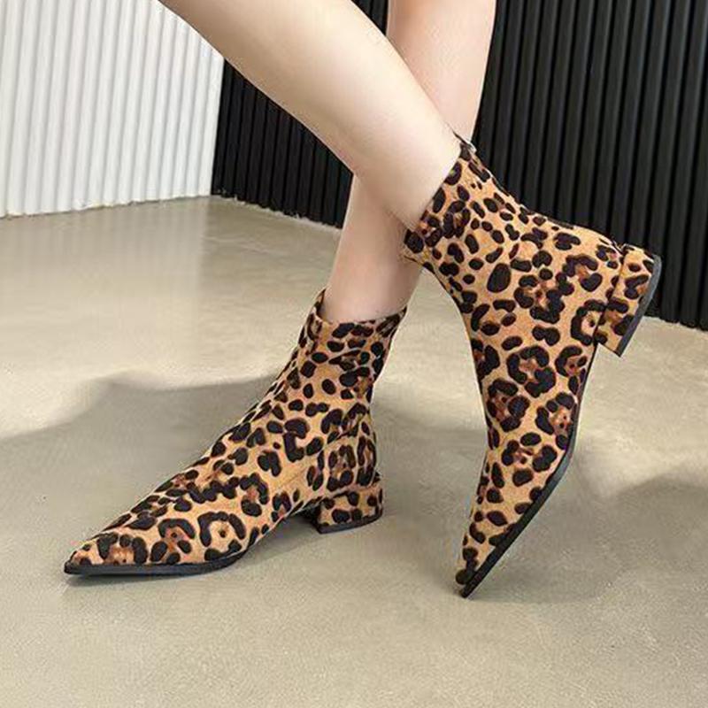 Fashion Leopard Women Ankle Boots Suede Fashion Pointed Toe Shoes Sexy Designer Heeled Boots 2025 Winter Cozy Luxury Mujer Chelsea Botas