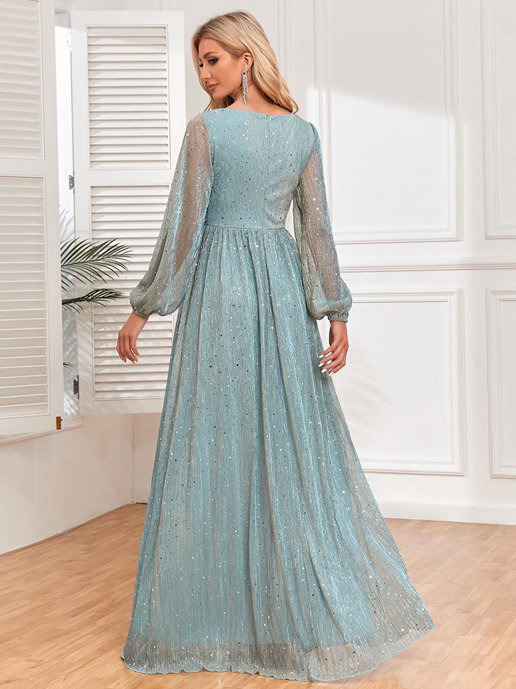 European Style Shiny Pleated Long Sleeve V-Neck A-Line Evening Gown