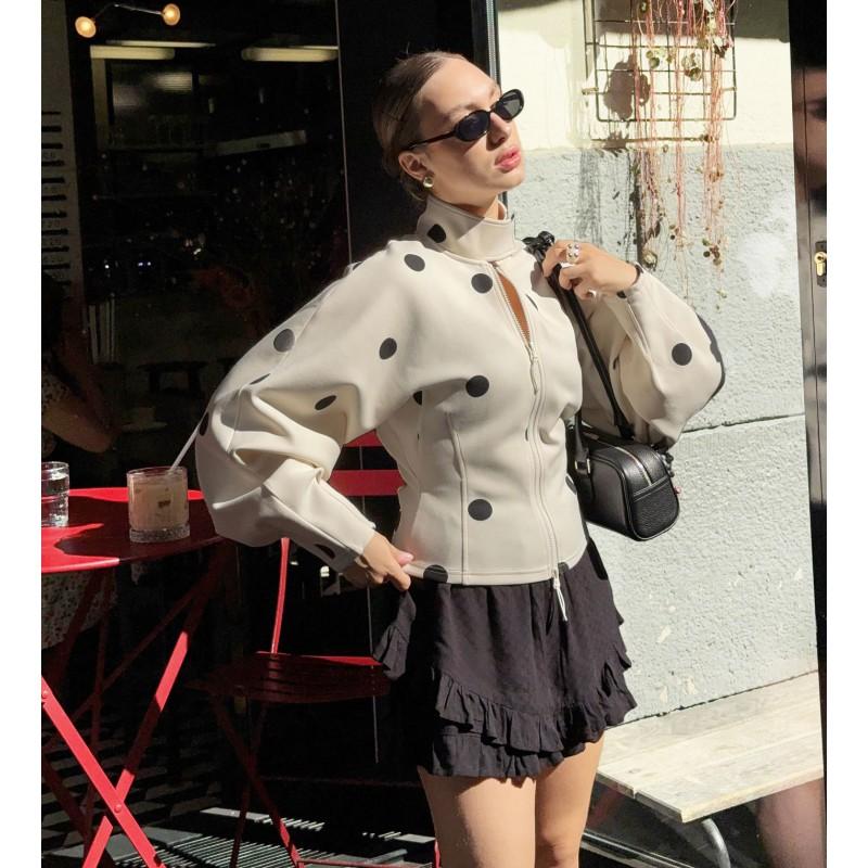 Womens High Neck Polka Dot Zip-Up Blazer Coat Loose Fit Office Chic Winter Outwear
