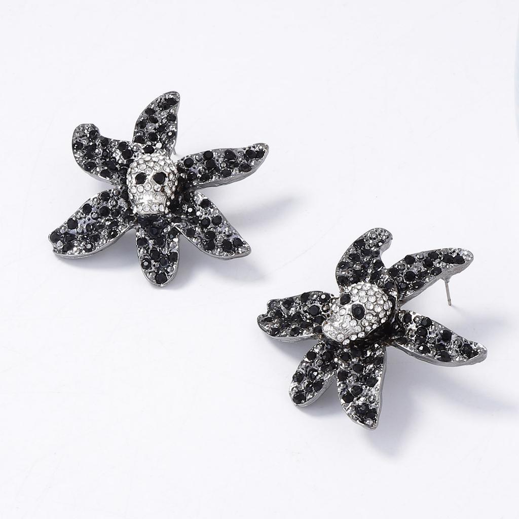 European and American personality trends niche dark alloy full diamond skull flower stud earrings exquisite light luxury women's earrings