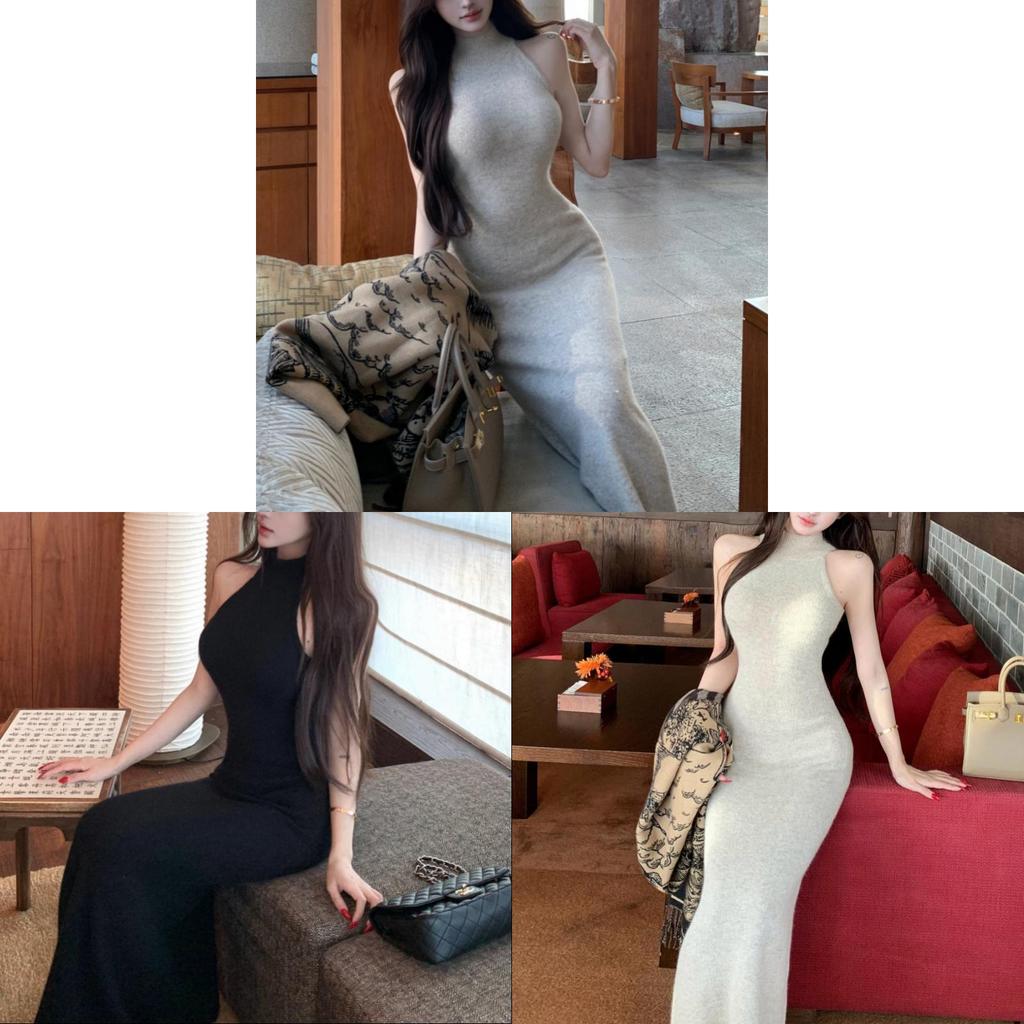 Plain Polyester Sleeveless Knit Dress With High Waist For Business And Casual Looks