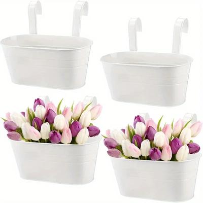 4 Pack Multipurpose Hanging Flower Pots Metal Iron Plant Pot Holders Large Fence Railing Balcony Garden Hanging Bucket Planters.