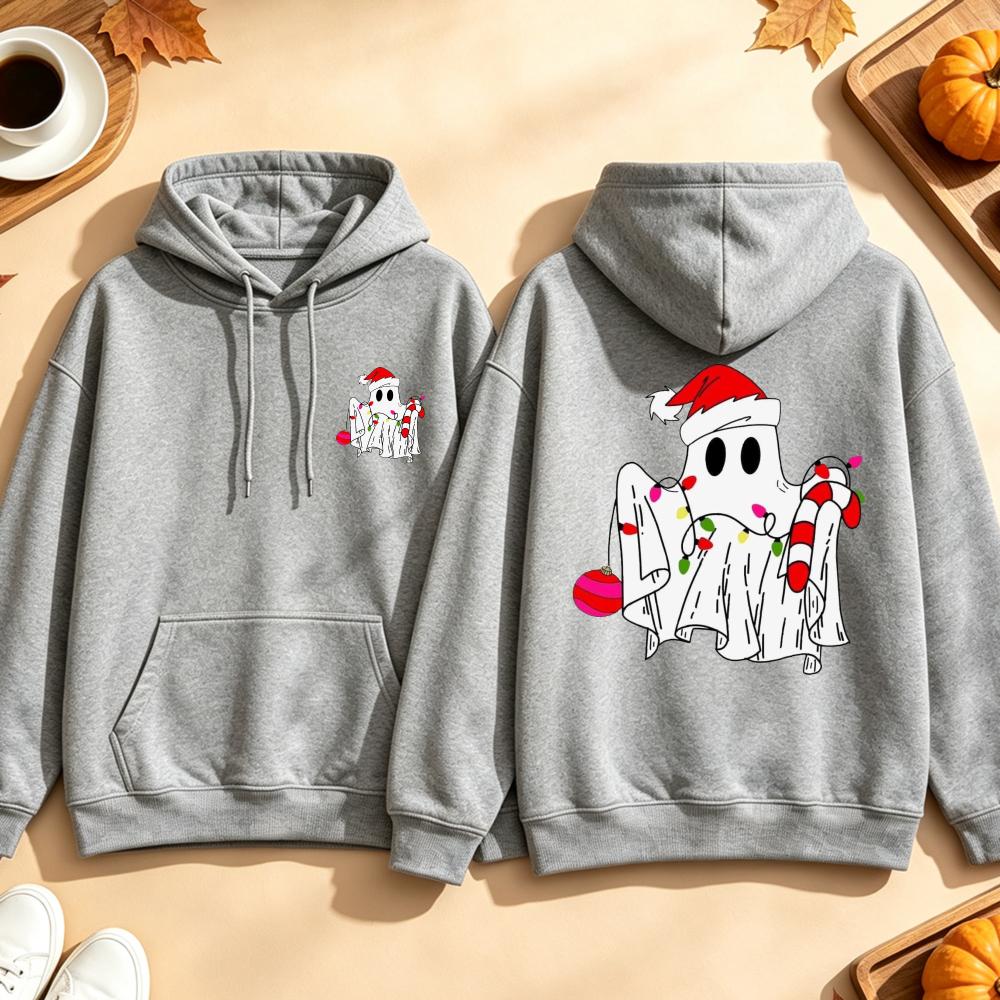Funny Christmas Ghost Sweatshirt String Lights Candy Cane Graphic Long Sleeves Pullover Spooky Holiday Xmas Tops Women