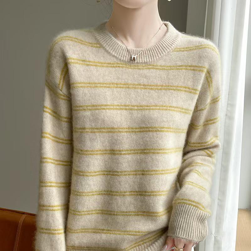 Trendy Korean Style Striped Crew Neck Pullover Cardigan Sweater