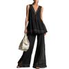 1116 European and American Fashion Retro Striped V-neck Semi-transparent Black Chiffon A-word Top and Flared Pants Trousers Set