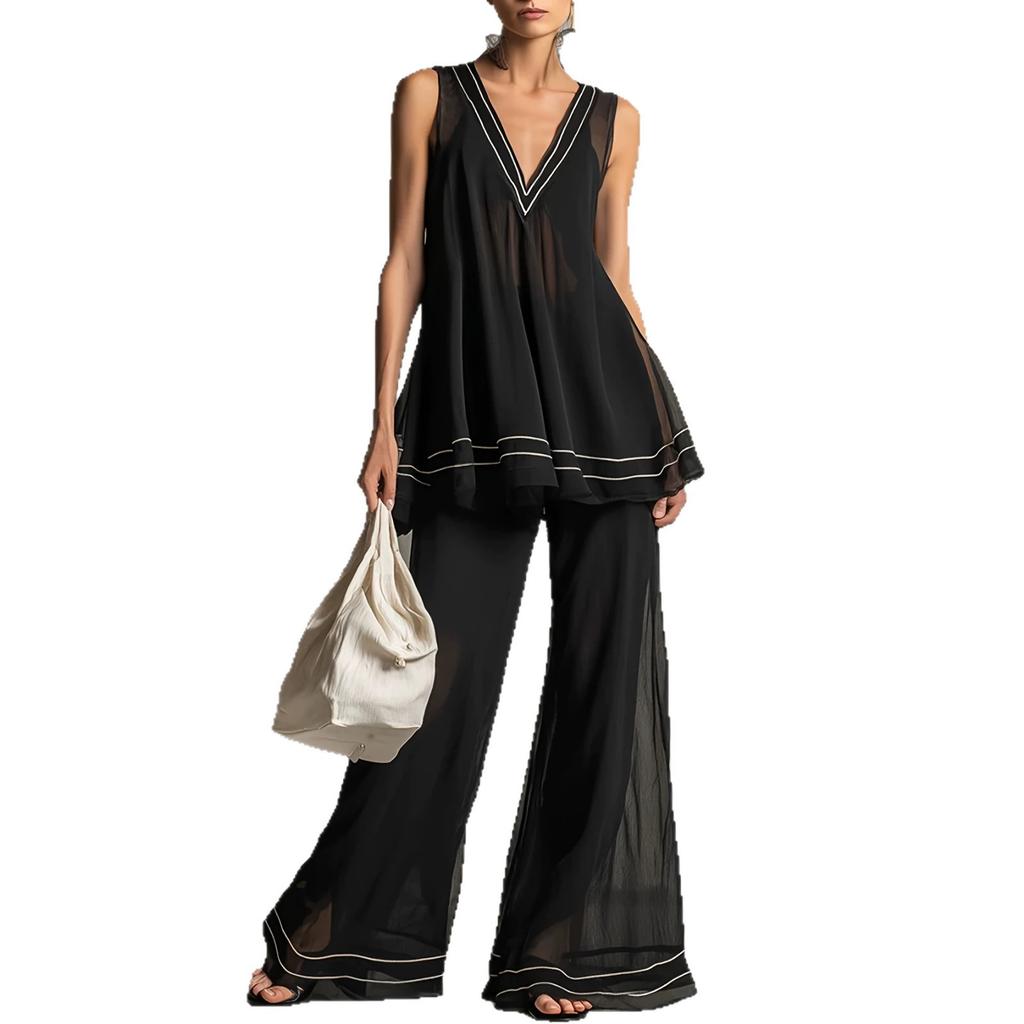 1116 European and American Fashion Retro Striped V-neck Semi-transparent Black Chiffon A-word Top and Flared Pants Trousers Set