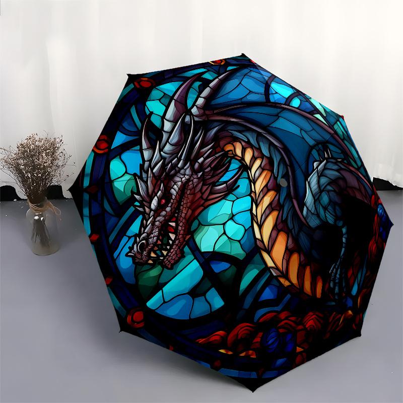 Stained Dragon Wall Art: Colorful Fantasy DecorUmbrella, Portable 3-Fold Compact Umbrella,Christmas Gift ES515