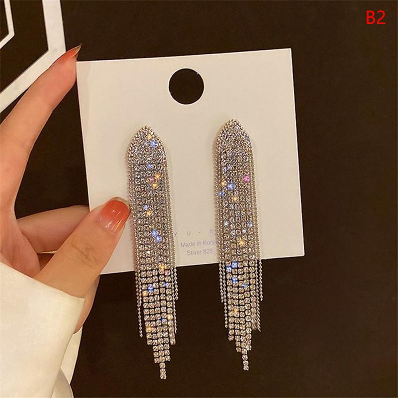 S925 silver needle Classic Shiny Crystal Earrings Ladies Exaggerated Long Earrings Tassels Rhinestone Earrings Fashion Korean Ea