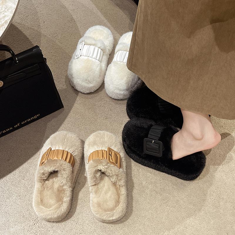 Internet Celebrity Thick-bottomed Bag Head Mink Hair Slippers Women's Wear 2025 Autumn and Winter New Heightening Piled Warm Cotton Slippers