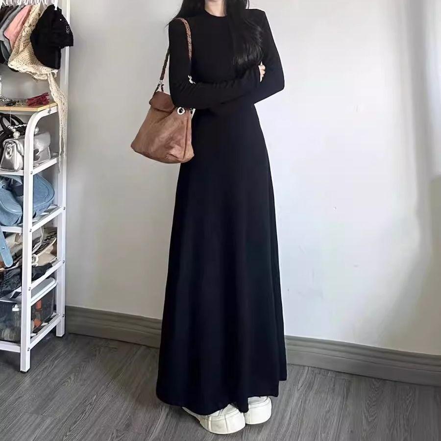Elegant Black Long-Sleeve A-Line Dress - Autumn/Winter 2026 French Slim Fit Women's Fashion