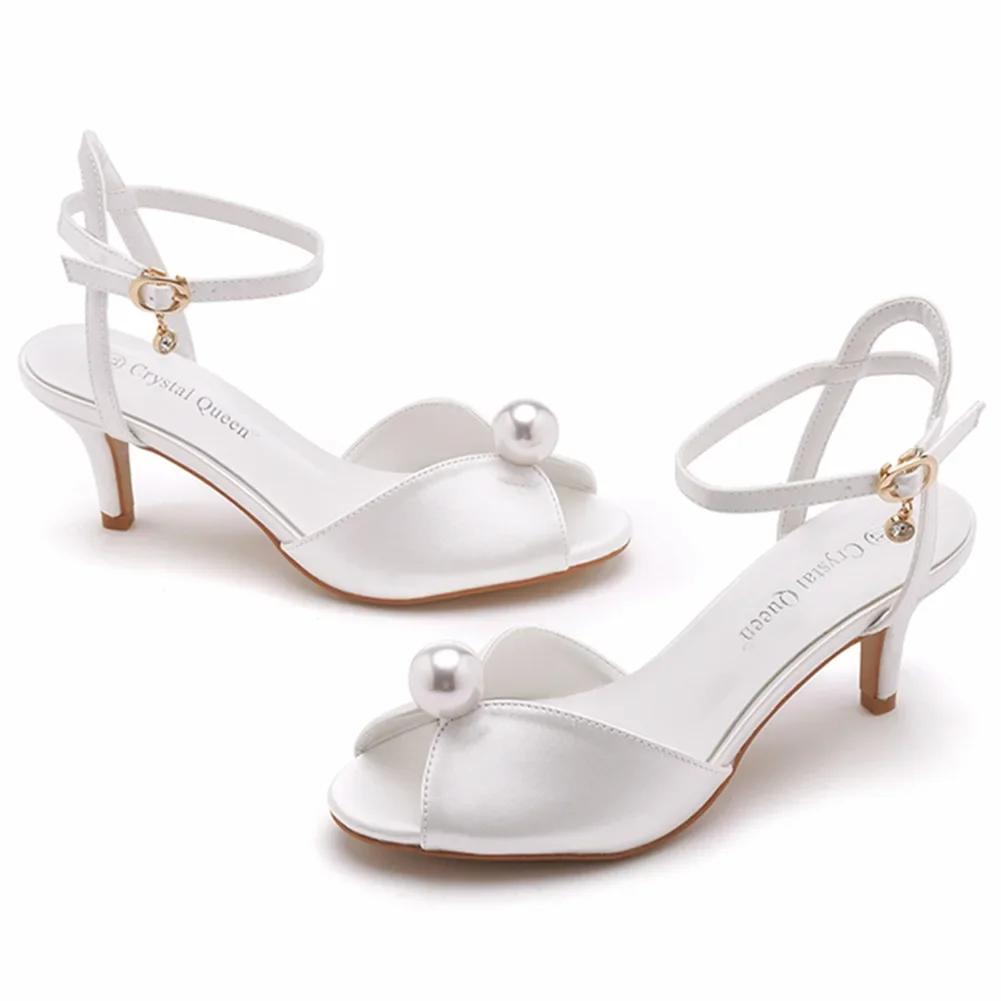 Summer Shoes For Women Sandals Silk 6.5CM Low Thin Heels Pearl Buckle Strap Hollow Peep Toe Women's Shoes White Dress Sandals