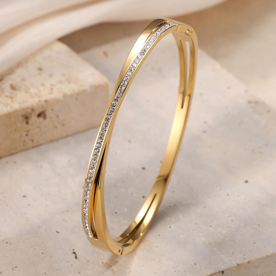 Htpwe Stainless Steel Zirconium Cross Double Layer Bracelet Women's Plated 18k Gold Couple Holiday Gift Bracelet Party Zircon