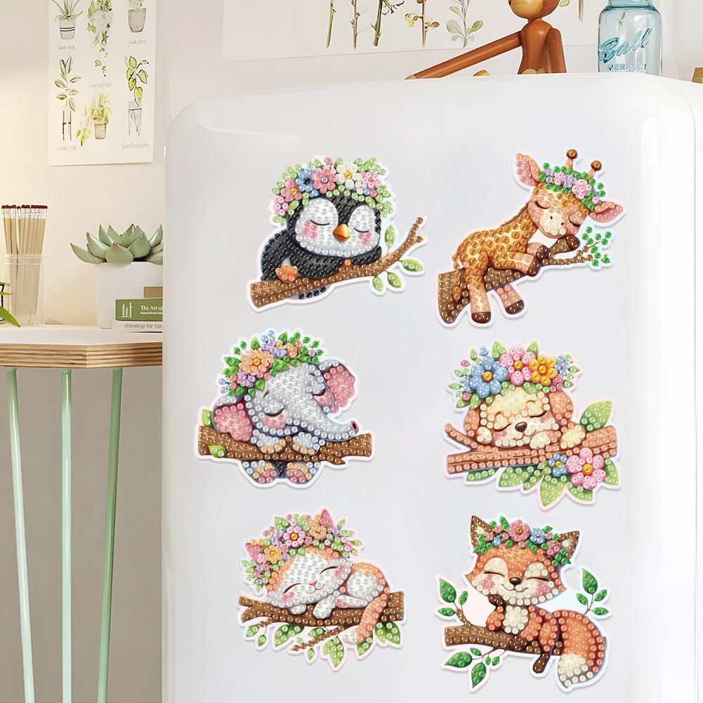 6Pcs Animal Pattern DIY Diamond Art Refrigerator Magnet Crystal Sparkling Diamond Magnets Set for Holiday Festive Parties