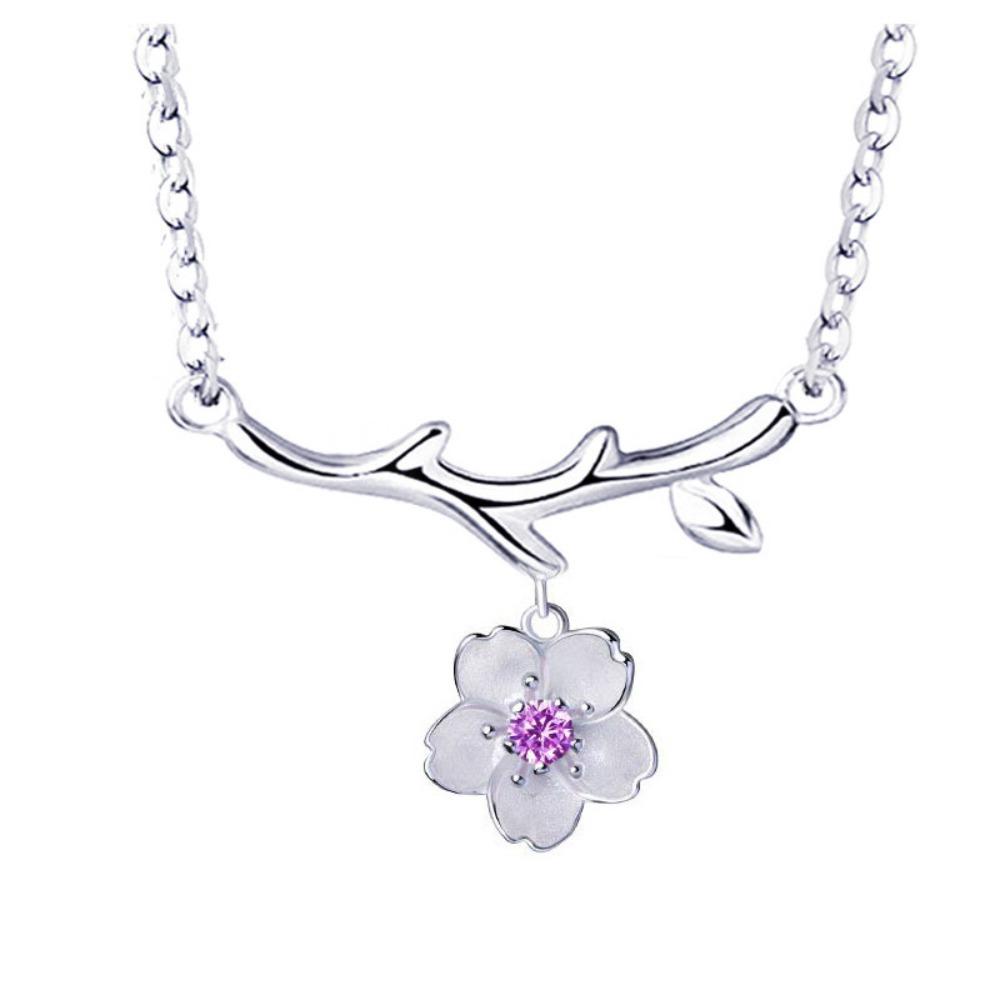 Sparkling Pink Purple Sakura Necklace for Women Dainty Floral Branch Diamond Pendant Chain Fashion Jewelry