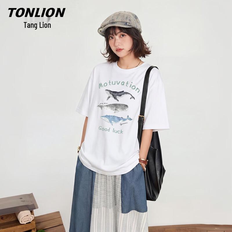 TonLion Women s Pure Cotton Watercolor Whale Graphic T-Shirt S