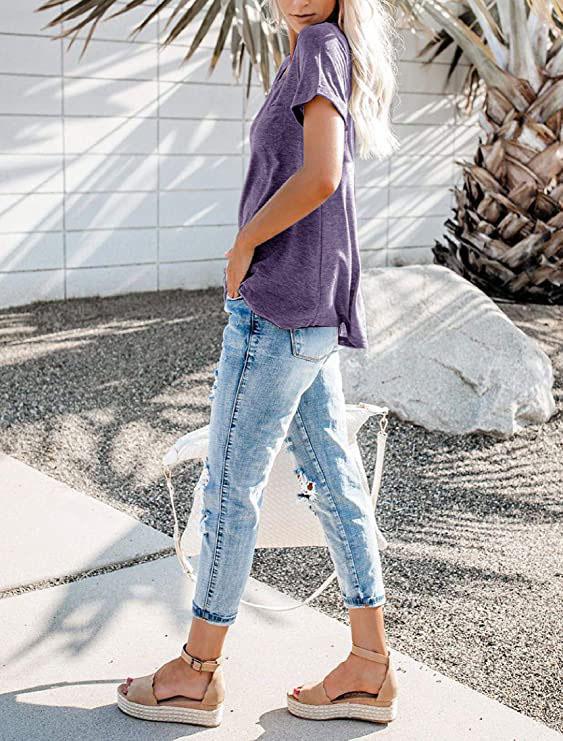 New Women's V-Neck Short Sleeve Loose Pocket T-shirt for Spring/Summer - Europe & America Style