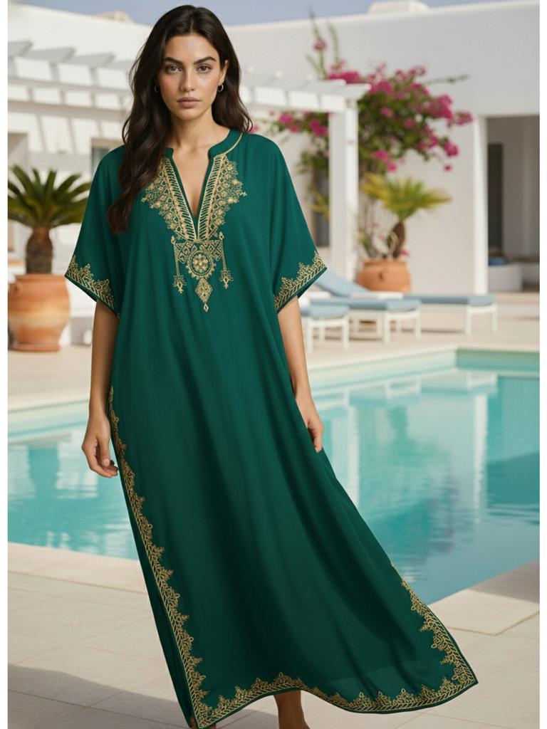 Womens Boho Embroidered V Neck Kaftan Dress Loose Fit Elegant Loungewear Beach Cover Up for Summer Resort Wear Q1545-23001