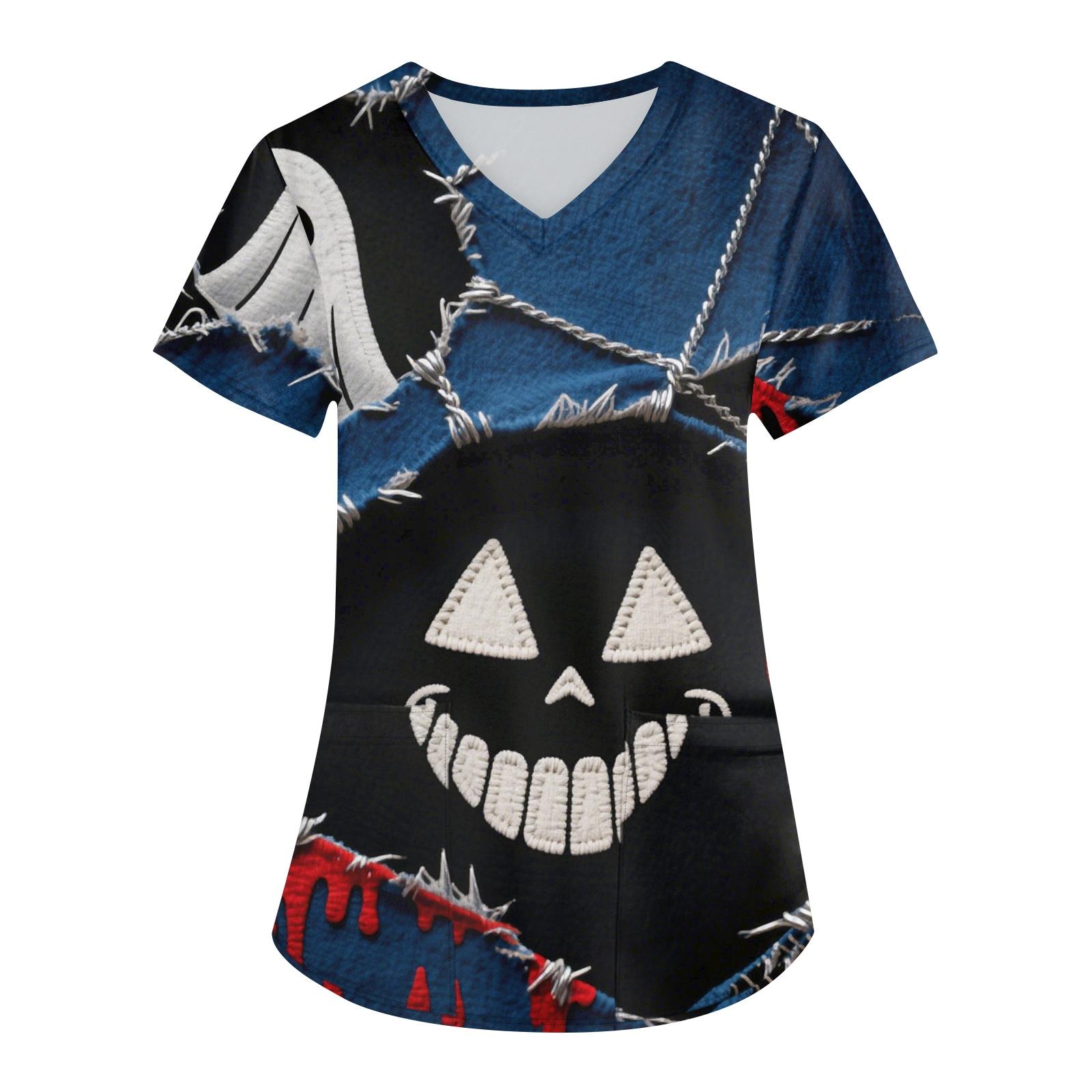 

Женская рабочая униформа с принтом, V-образный вырез, карманы, базовый короткий рукав, пуловер, топ XXL