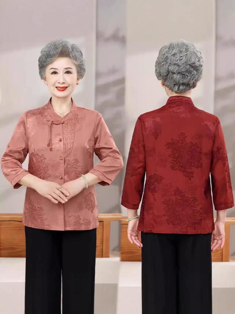 Elegant Silk Seven-Sleeve Summer Shirt for Moms: Chic Chinese Style for Middle-Aged and Elderly Women