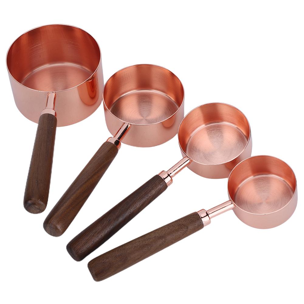 4PCS Set Rose Gold Measuring Cup Spoon with Scale Thickened Wooden Handle Home Baking Tool