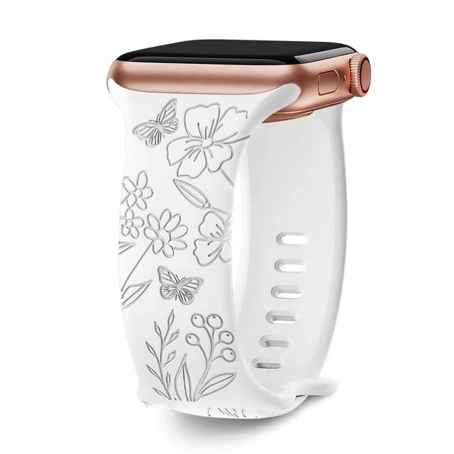 Floral Engraved Strap For Apple Watch Band 40mm 44mm 41mm 49mm 45mm 38mm 42mm Silicone Bracelet Iwatch Series 9 7 Se 6 8 Ultra 2
