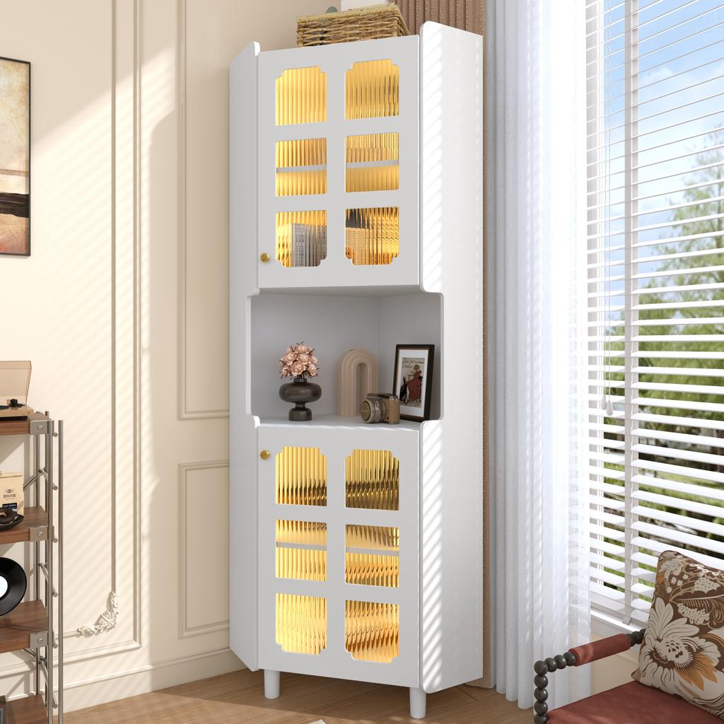 White Corner Cabinet with Lacquer Coating & LED Lighting – Multifunctional Chest of Drawers for Living Room, Bookshelf, Bathroom, Bedroom, Dining Room