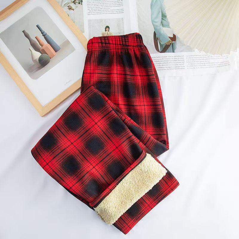 Women's High Waist Plaid Straight Pants Loose Fleece Lined Warm Casual Wide Leg Trousers For Winter Student Daily Commute Wear