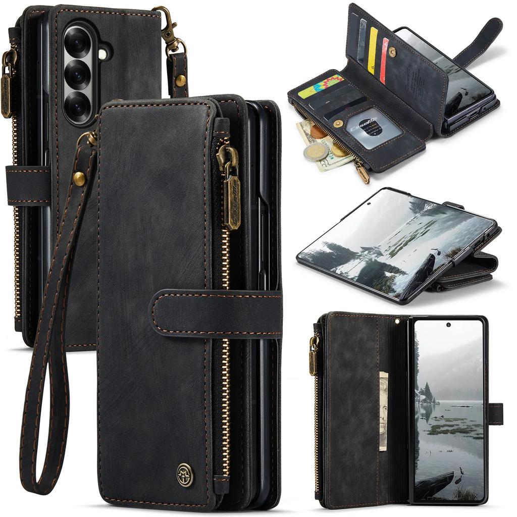 Luxury Business Multi Card Zipper Flip Wallet Leather Case for Samsung Z Fold 8 Ultra 7 Shockproof for Magsafe Book Stand Cover