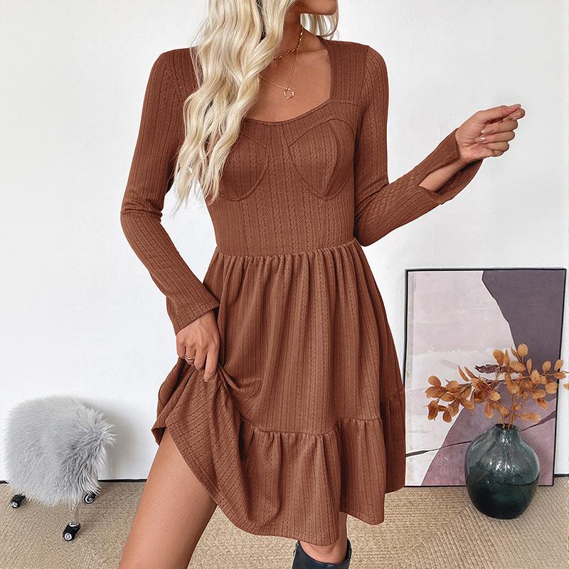 2025 Autumn Elegant Retro Knit Dress with Square Neck and Long Sleeves Medium коричневый/кофейный