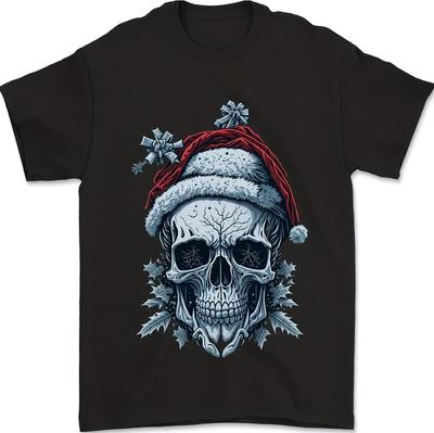 Summer Men's Gothic Christmas Skull T-shirt, with A Christmas Hat and Holly Print - Pure Cotton Short-sleeved T-shirt